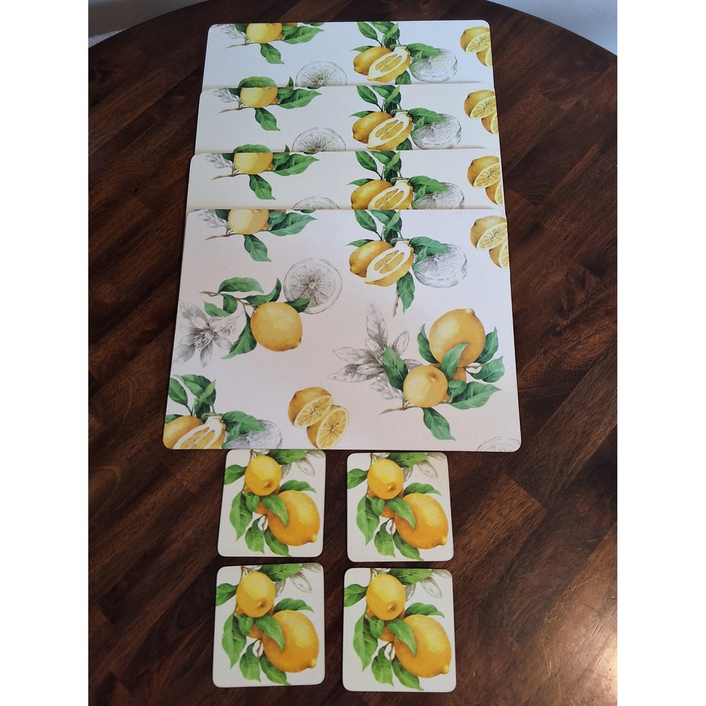 Lemon Print Cork Backed Placemats and Coasters Lot of 8 Yellow Citrus Botanical